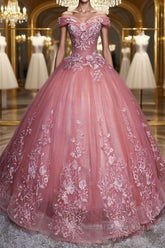 Gorgeous Off the Shoulder Pink Lace Appliques Long Semi Formal Prom Dresses, Off Shoulder Pink Formal Dresses, Pink Evening Dresses, Ball Gown